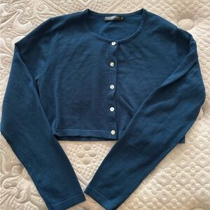 Blue Crop Button-Up Cardigan